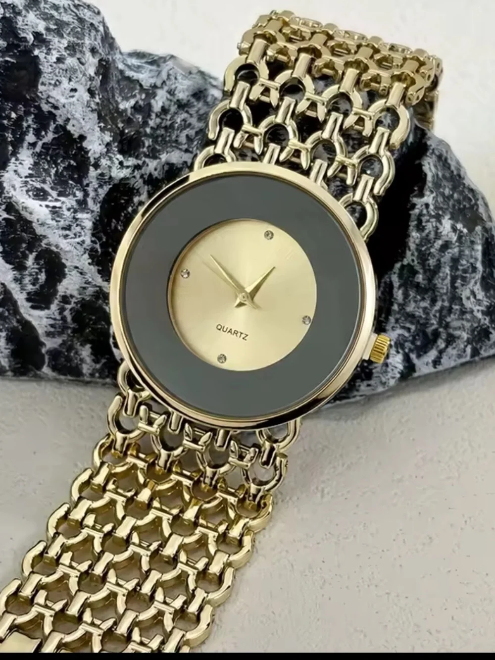 Anthropologie Gold and Black Round Quartz Bracelet Watch